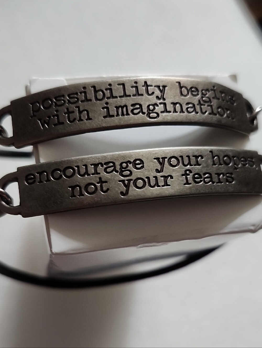 Set Of 2 Inspirational Engraved Metal Silver Bar Bracelets - Silver Tone